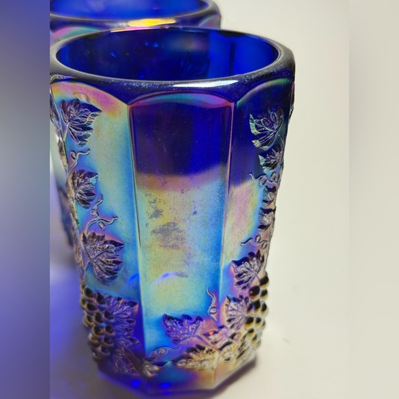 VTG Cobalt Blue Carnival Glass Grape Tumblers Set of 2 Iridescent Pressed Glass - Picture 2 of 5